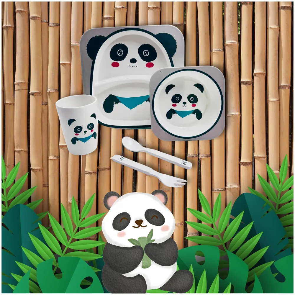 Kids Bamboo Baby Tableware, Eco Friendly Bamboo Fibre Dinner Set for Toddler and Kids, Self-Feeding Baby Utensil Set of 5pcs, 1 x Plate, 1 x Bowl, 1 x Glass, 1 x Spoon, 1 x Fork Panda