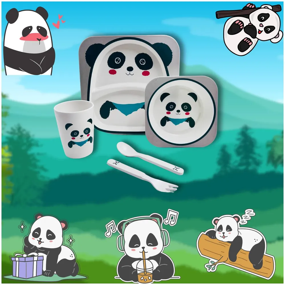 Kids Bamboo Baby Tableware, Eco Friendly Bamboo Fibre Dinner Set for Toddler and Kids, Self-Feeding Baby Utensil Set of 5pcs, 1 x Plate, 1 x Bowl, 1 x Glass, 1 x Spoon, 1 x Fork Panda