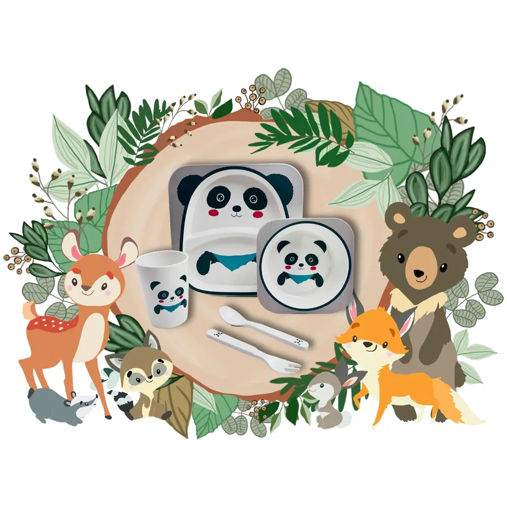Kids Bamboo Baby Tableware, Eco Friendly Bamboo Fibre Dinner Set for Toddler and Kids, Self-Feeding Baby Utensil Set of 5pcs, 1 x Plate, 1 x Bowl, 1 x Glass, 1 x Spoon, 1 x Fork Panda