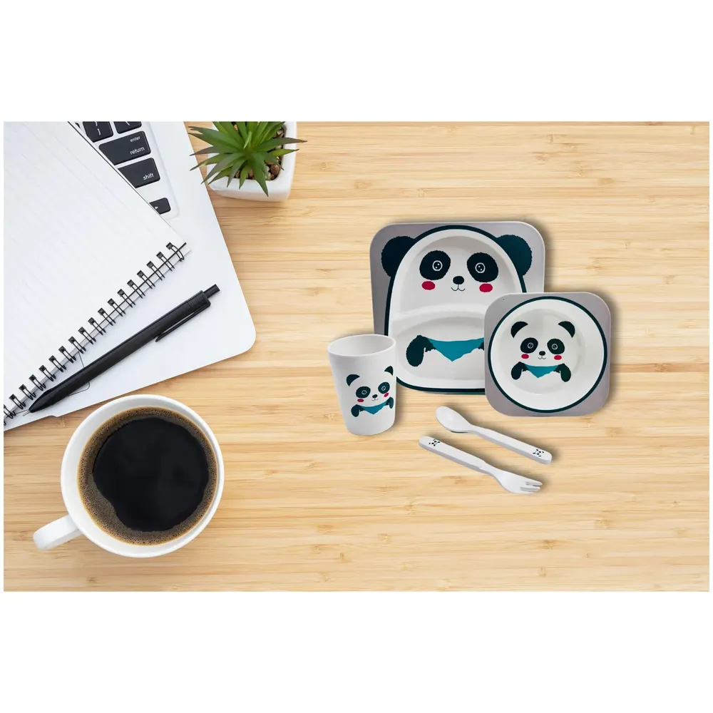 Kids Bamboo Baby Tableware, Eco Friendly Bamboo Fibre Dinner Set for Toddler and Kids, Self-Feeding Baby Utensil Set of 5pcs, 1 x Plate, 1 x Bowl, 1 x Glass, 1 x Spoon, 1 x Fork Panda
