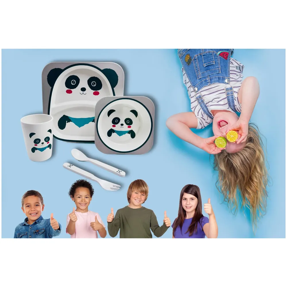 Kids Bamboo Baby Tableware, Eco Friendly Bamboo Fibre Dinner Set for Toddler and Kids, Self-Feeding Baby Utensil Set of 5pcs, 1 x Plate, 1 x Bowl, 1 x Glass, 1 x Spoon, 1 x Fork Panda