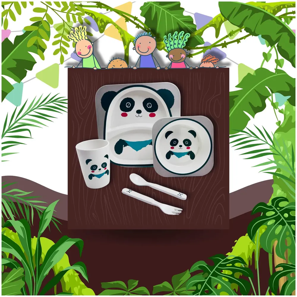 Kids Bamboo Baby Tableware, Eco Friendly Bamboo Fibre Dinner Set for Toddler and Kids, Self-Feeding Baby Utensil Set of 5pcs, 1 x Plate, 1 x Bowl, 1 x Glass, 1 x Spoon, 1 x Fork Panda