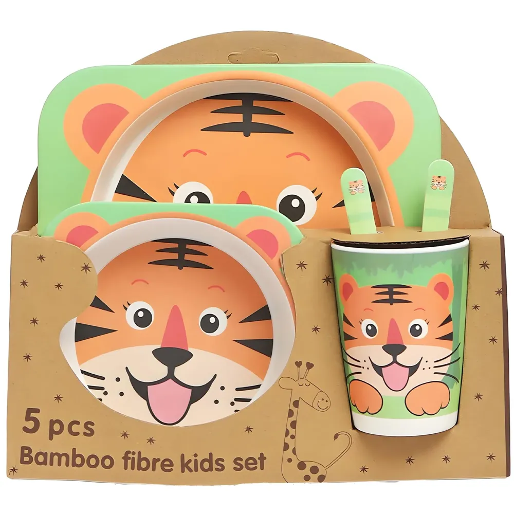 Kids Bamboo Baby Tableware, Eco Friendly Bamboo Fibre Dinner Set for Toddler and Kids, Self-Feeding Baby Utensil Set of 5pcs, 1 x Plate, 1 x Bowl, 1 x Glass, 1 x Spoon, 1 x Fork Tiger