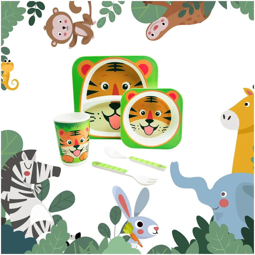 Kids Bamboo Baby Tableware, Eco Friendly Bamboo Fibre Dinner Set for Toddler and Kids, Self-Feeding Baby Utensil Set of 5pcs, 1 x Plate, 1 x Bowl, 1 x Glass, 1 x Spoon, 1 x Fork Tiger