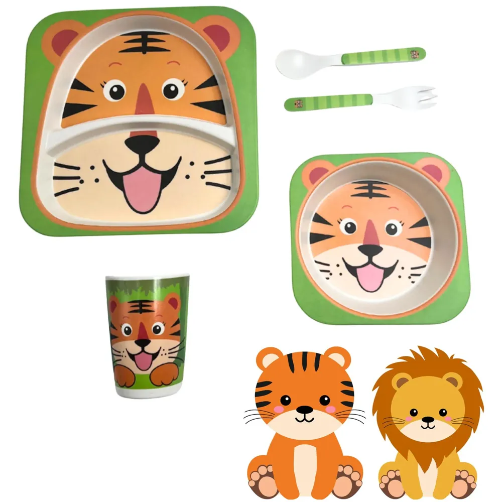 Kids Bamboo Baby Tableware, Eco Friendly Bamboo Fibre Dinner Set for Toddler and Kids, Self-Feeding Baby Utensil Set of 5pcs, 1 x Plate, 1 x Bowl, 1 x Glass, 1 x Spoon, 1 x Fork Tiger