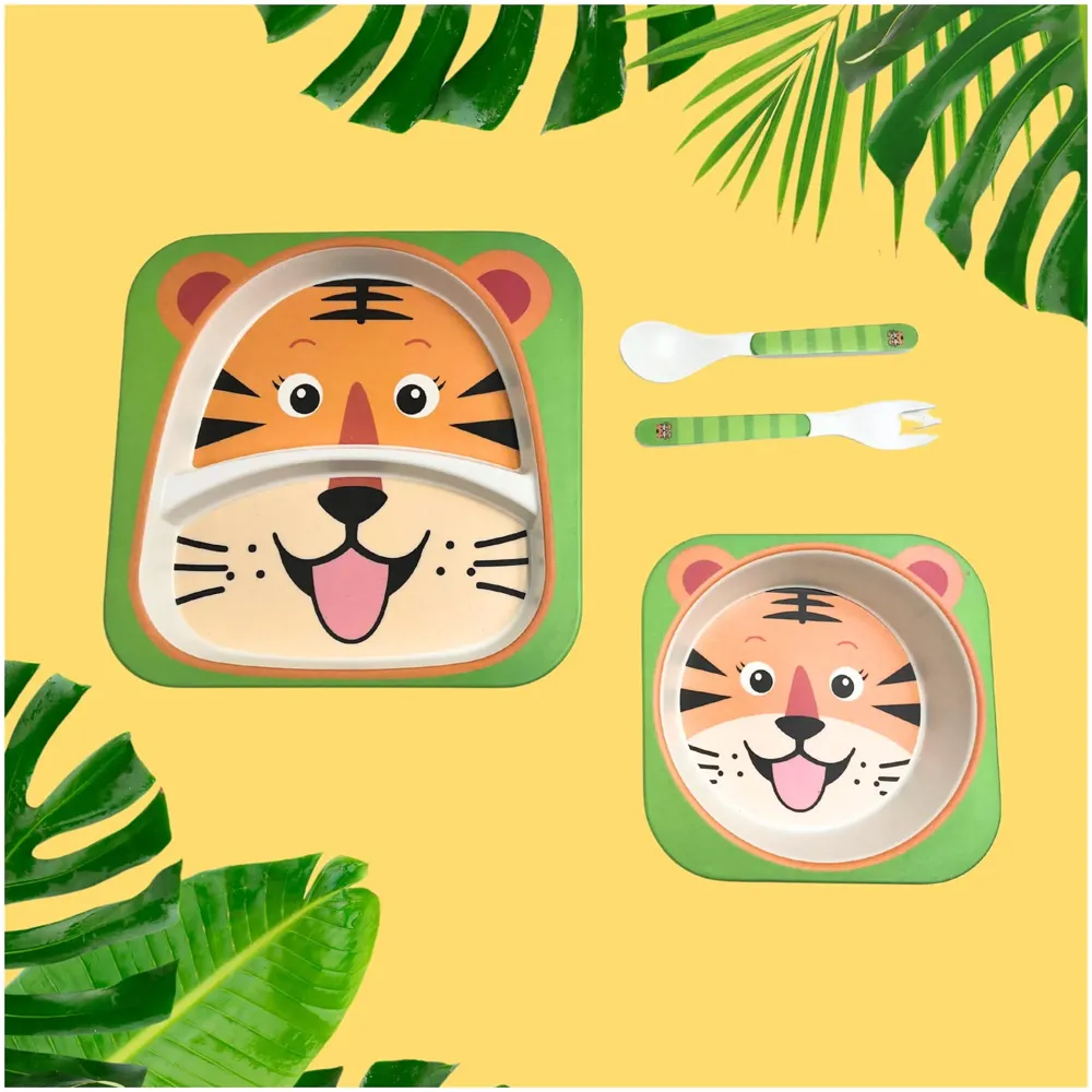 Kids Bamboo Baby Tableware, Eco Friendly Bamboo Fibre Dinner Set for Toddler and Kids, Self-Feeding Baby Utensil Set of 5pcs, 1 x Plate, 1 x Bowl, 1 x Glass, 1 x Spoon, 1 x Fork Tiger