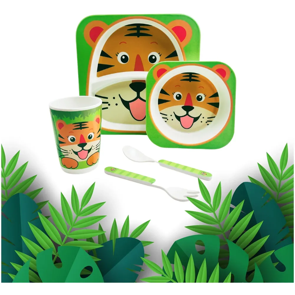 Kids Bamboo Baby Tableware, Eco Friendly Bamboo Fibre Dinner Set for Toddler and Kids, Self-Feeding Baby Utensil Set of 5pcs, 1 x Plate, 1 x Bowl, 1 x Glass, 1 x Spoon, 1 x Fork Tiger