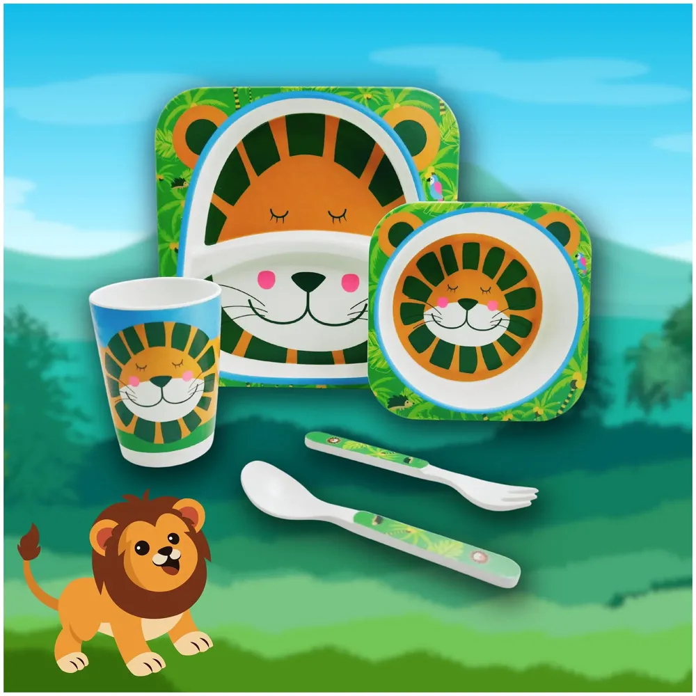 Lion Kids Bamboo Baby Tableware, Eco Friendly Bamboo Fibre Dinner Set for Toddler and Kids, Self-Feeding Baby Utensil Set of 5pcs, 1 x Plate, 1 x Bowl, 1 x Glass, 1 x Spoon, 1 x Fork