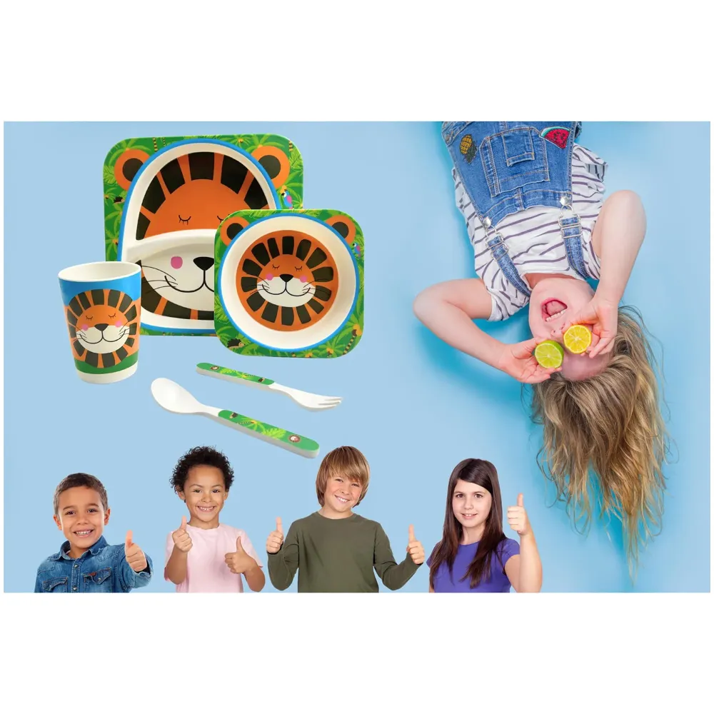 Lion Kids Bamboo Baby Tableware, Eco Friendly Bamboo Fibre Dinner Set for Toddler and Kids, Self-Feeding Baby Utensil Set of 5pcs, 1 x Plate, 1 x Bowl, 1 x Glass, 1 x Spoon, 1 x Fork