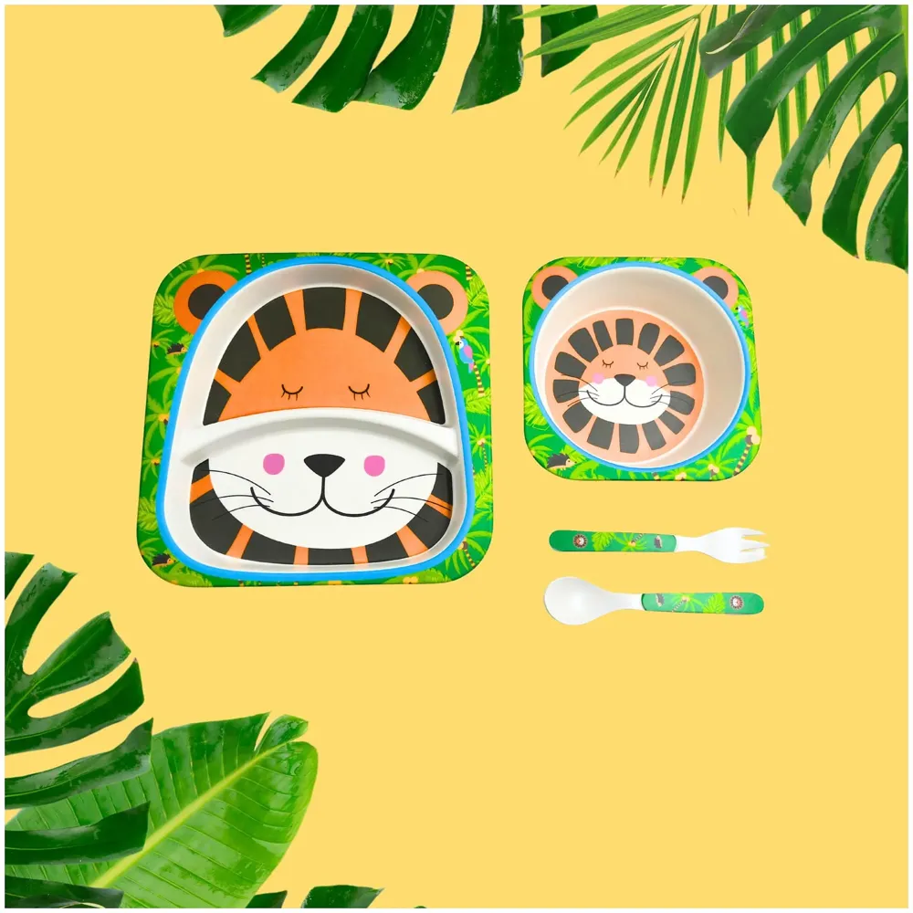 Lion Kids Bamboo Baby Tableware, Eco Friendly Bamboo Fibre Dinner Set for Toddler and Kids, Self-Feeding Baby Utensil Set of 5pcs, 1 x Plate, 1 x Bowl, 1 x Glass, 1 x Spoon, 1 x Fork