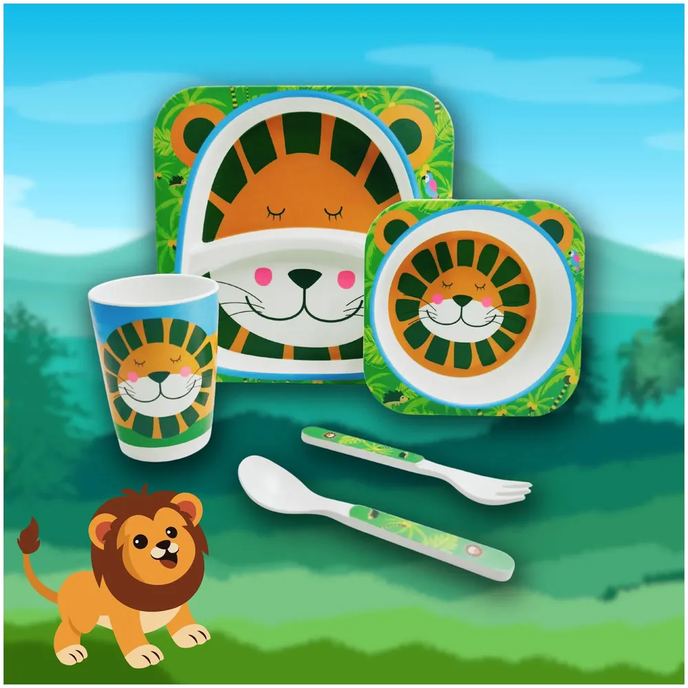Lion Kids Bamboo Baby Tableware, Eco Friendly Bamboo Fibre Dinner Set for Toddler and Kids, Self-Feeding Baby Utensil Set of 5pcs, 1 x Plate, 1 x Bowl, 1 x Glass, 1 x Spoon, 1 x Fork