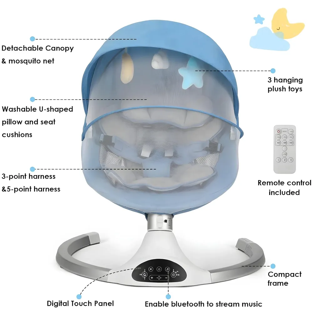Automatic Baby Bed Swing for Infants, Baby Rocker with 5 Speeds, Lullabies, Indoor & Outdoor Use, Remote Control Rocker with Mosquito Net, Safety Belt & Removable Baby Toys