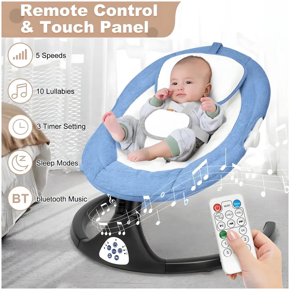 Automatic Baby Bed Swing for Infants, Baby Rocker with 5 Speeds, Lullabies, Indoor & Outdoor Use, Remote Control Rocker with Mosquito Net, Safety Belt & Removable Baby Toys
