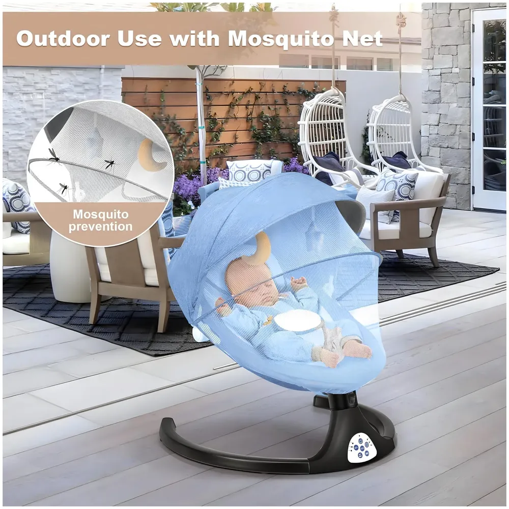 Automatic Baby Bed Swing for Infants, Baby Rocker with 5 Speeds, Lullabies, Indoor & Outdoor Use, Remote Control Rocker with Mosquito Net, Safety Belt & Removable Baby Toys