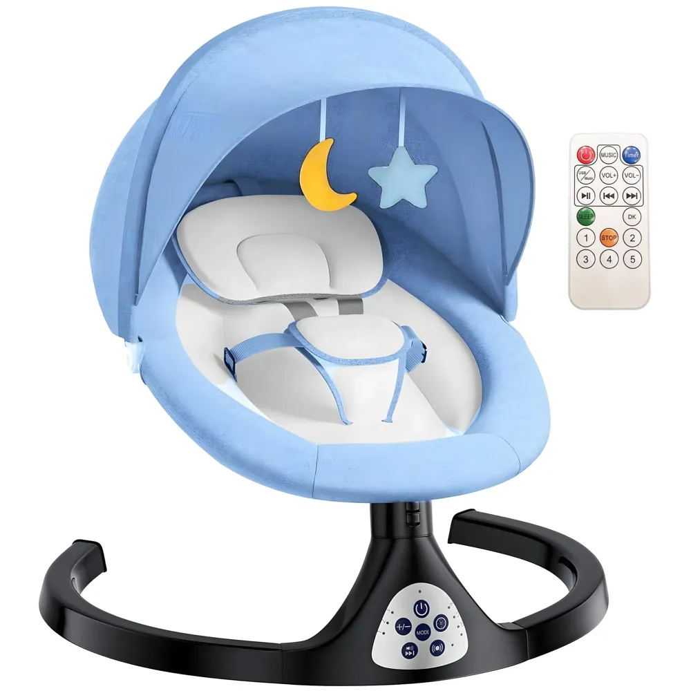 Automatic Baby Swing for Infants, Baby Rocker with 5 Speeds, Lullabies, Indoor & Outdoor Use, Remote Control Rocker with Mosquito Net, Safety Belt & Removable Baby Toys Blue