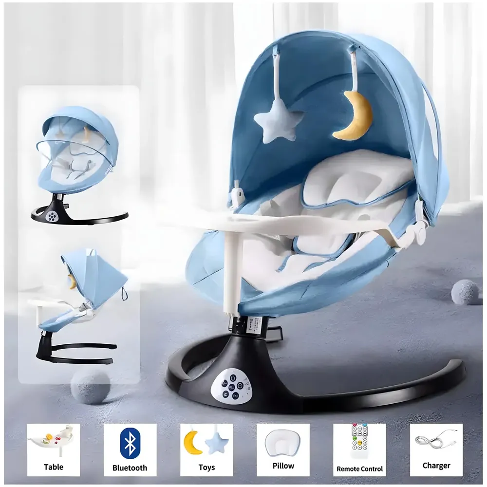 Automatic Baby Swing for Infants, Baby Rocker with 5 Speeds, Lullabies, Indoor & Outdoor Use, Remote Control Rocker with Mosquito Net, Safety Belt & Removable Baby Toys Blue