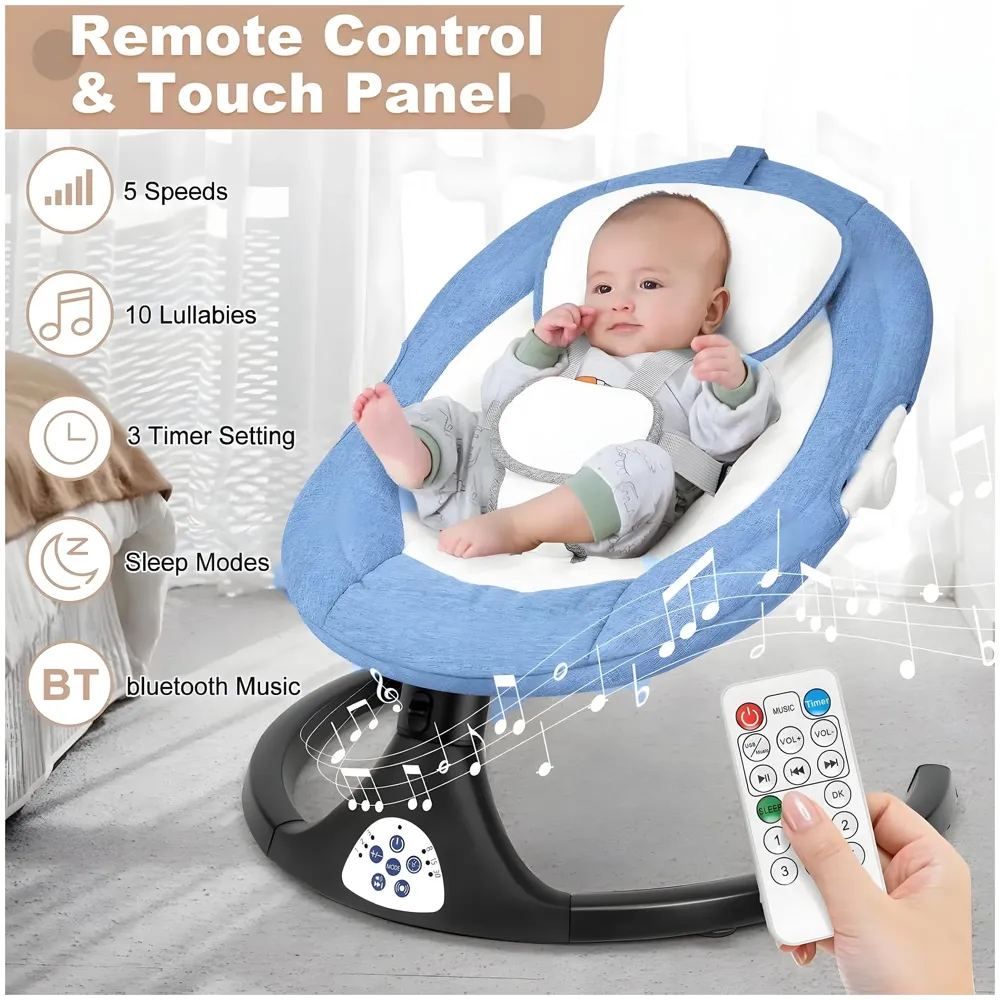 Automatic Baby Swing for Infants, Baby Rocker with 5 Speeds, Lullabies, Indoor & Outdoor Use, Remote Control Rocker with Mosquito Net, Safety Belt & Removable Baby Toys Blue