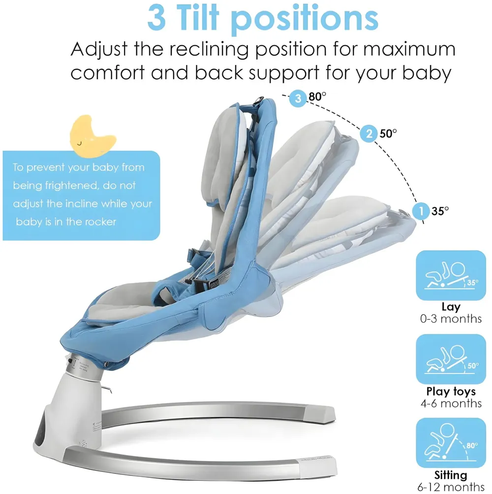 Automatic Baby Swing for Infants, Baby Rocker with 5 Speeds, Lullabies, Indoor & Outdoor Use, Remote Control Rocker with Mosquito Net, Safety Belt & Removable Baby Toys Blue