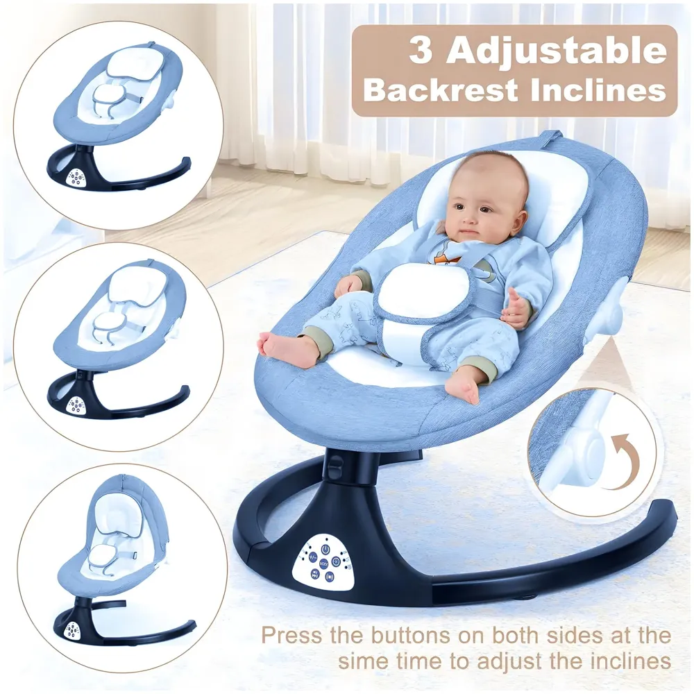 Automatic Baby Swing for Infants, Baby Rocker with 5 Speeds, Lullabies, Indoor & Outdoor Use, Remote Control Rocker with Mosquito Net, Safety Belt & Removable Baby Toys Blue