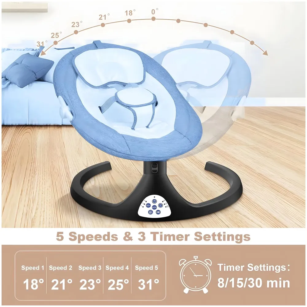 Automatic Baby Swing for Infants, Baby Rocker with 5 Speeds, Lullabies, Indoor & Outdoor Use, Remote Control Rocker with Mosquito Net, Safety Belt & Removable Baby Toys Blue