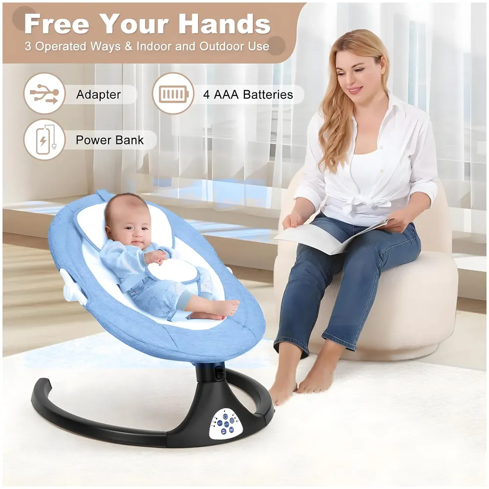 Automatic Baby Swing for Infants, Baby Rocker with 5 Speeds, Lullabies, Indoor & Outdoor Use, Remote Control Rocker with Mosquito Net, Safety Belt & Removable Baby Toys Blue