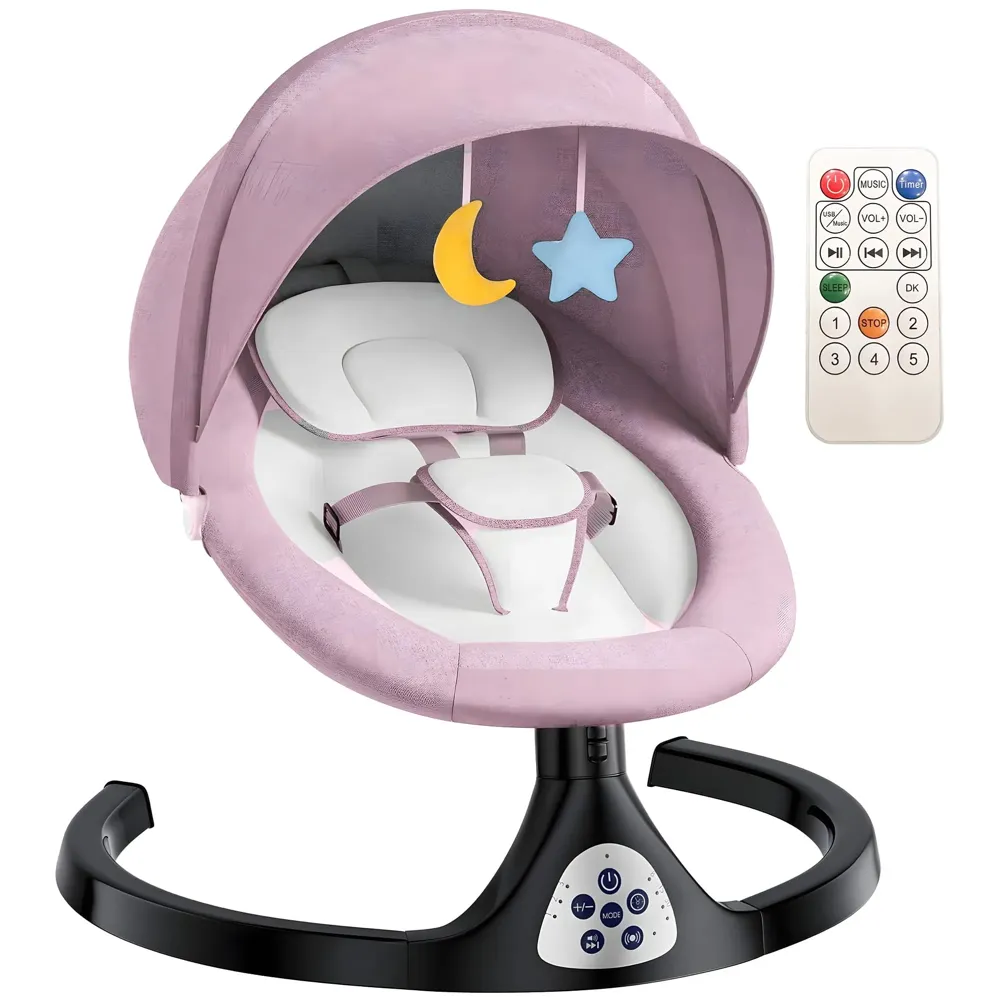 Automatic Baby Swing for Infants, Baby Rocker with 5 Speeds, Lullabies, Indoor & Outdoor Use, Remote Control Rocker with Mosquito Net, Safety Belt & Removable Baby Toys Pink