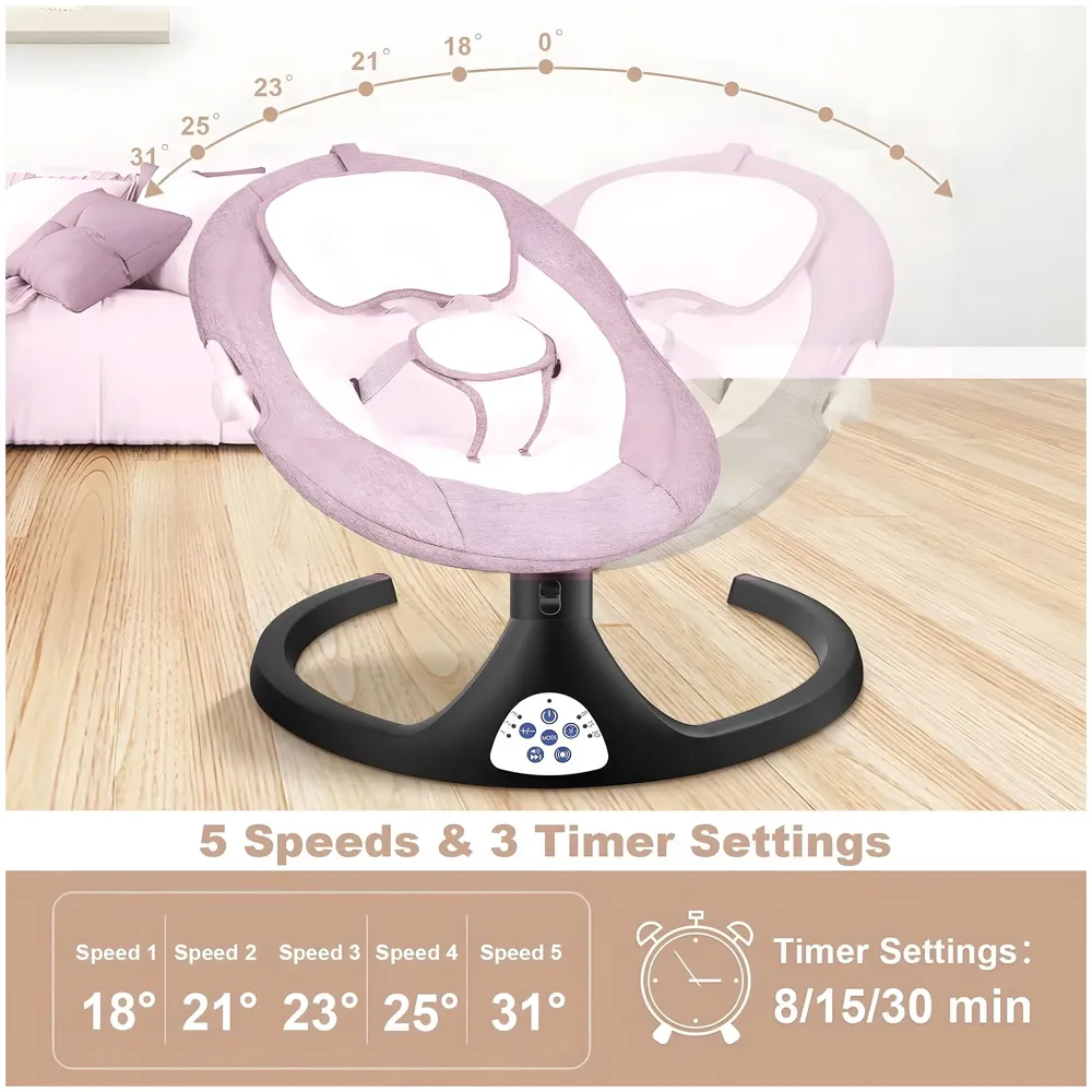 Automatic Baby Swing for Infants, Baby Rocker with 5 Speeds, Lullabies, Indoor & Outdoor Use, Remote Control Rocker with Mosquito Net, Safety Belt & Removable Baby Toys Pink