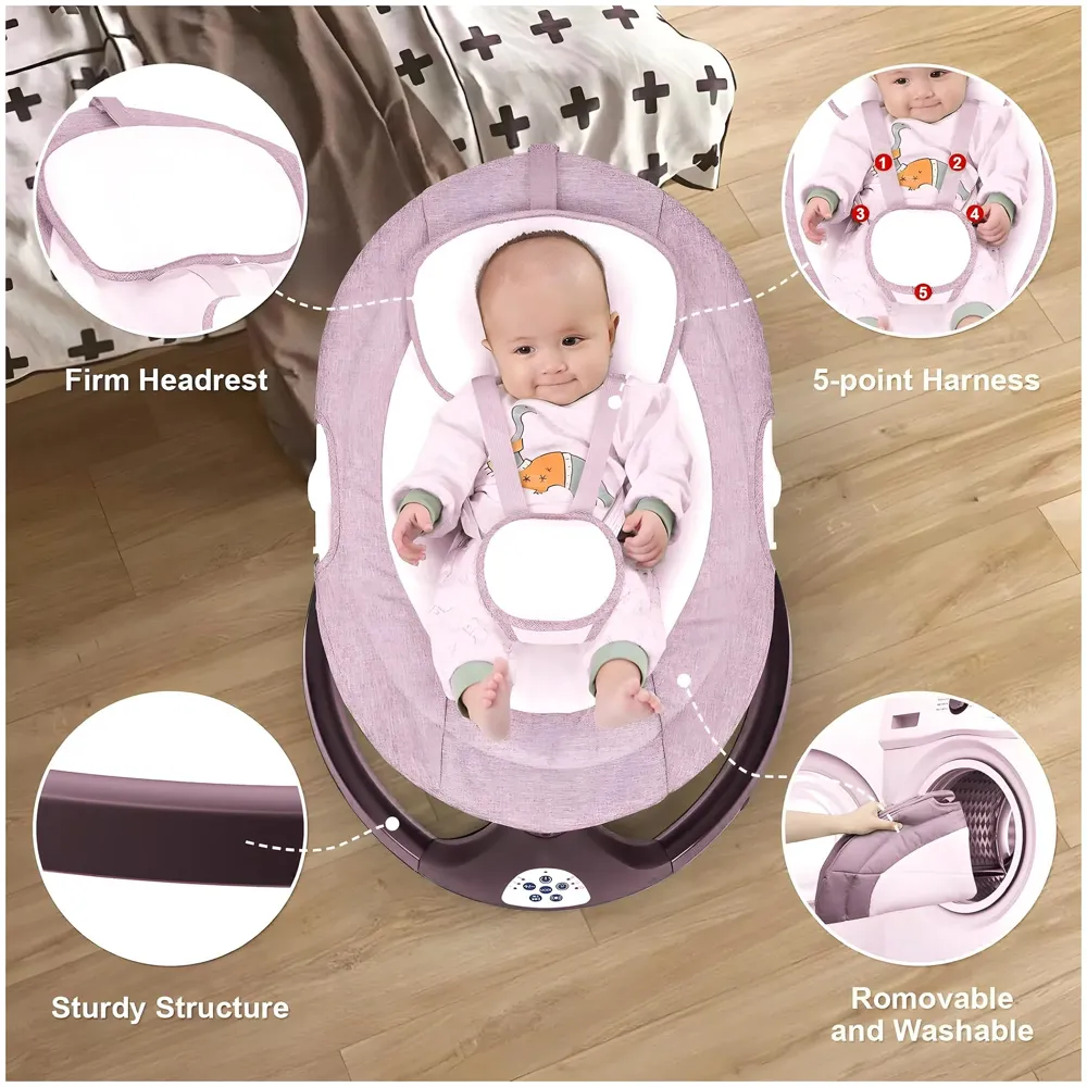 Automatic Baby Swing for Infants, Baby Rocker with 5 Speeds, Lullabies, Indoor & Outdoor Use, Remote Control Rocker with Mosquito Net, Safety Belt & Removable Baby Toys Pink