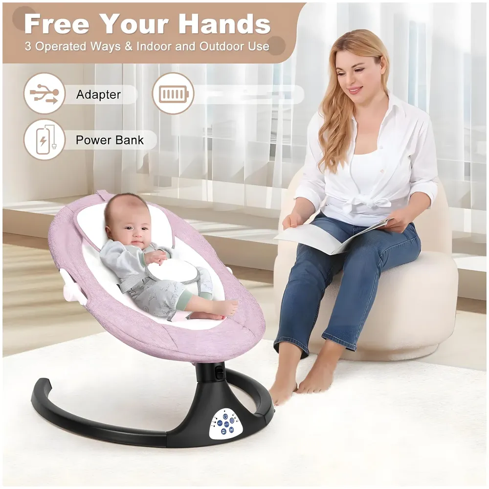 Automatic Baby Swing for Infants, Baby Rocker with 5 Speeds, Lullabies, Indoor & Outdoor Use, Remote Control Rocker with Mosquito Net, Safety Belt & Removable Baby Toys Pink