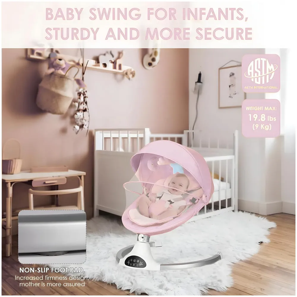 Automatic Baby Swing for Infants, Baby Rocker with 5 Speeds, Lullabies, Indoor & Outdoor Use, Remote Control Rocker with Mosquito Net, Safety Belt & Removable Baby Toys Pink
