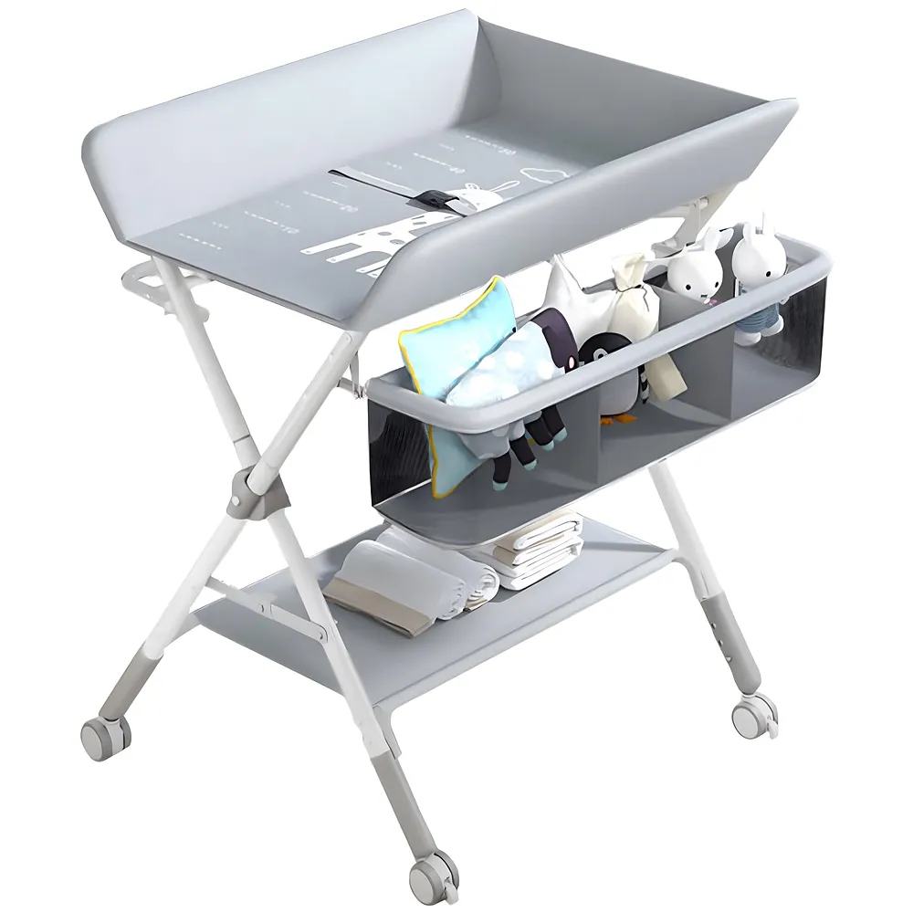 Foldable Baby Diaper Changing Table | 5-Level Height Adjustable 38.2-42.1inches | 360° Lockable Swivel Wheels | Mesh Storage Basket | Side Clothes Airer | Safety Belt | Bottom Shelf.