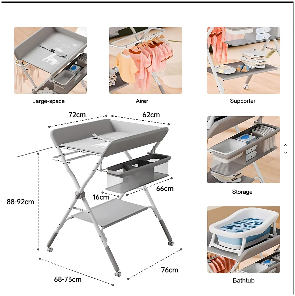 Foldable Baby Diaper Changing Table | 5-Level Height Adjustable 38.2-42.1inches | 360° Lockable Swivel Wheels | Mesh Storage Basket | Side Clothes Airer | Safety Belt | Bottom Shelf.