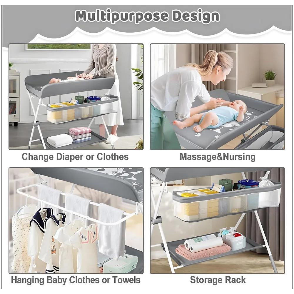Foldable Baby Diaper Changing Table | 5-Level Height Adjustable 38.2-42.1inches | 360° Lockable Swivel Wheels | Mesh Storage Basket | Side Clothes Airer | Safety Belt | Bottom Shelf.