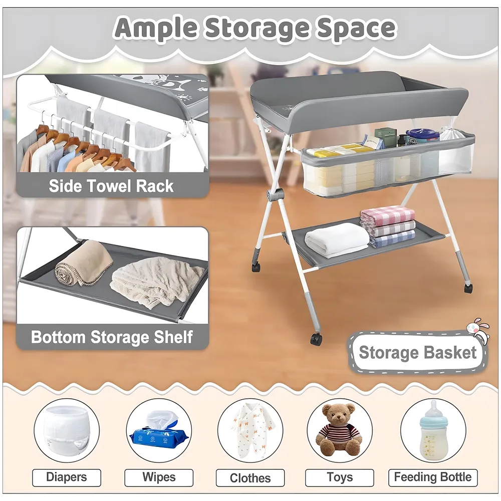 Foldable Baby Diaper Changing Table | 5-Level Height Adjustable 38.2-42.1inches | 360° Lockable Swivel Wheels | Mesh Storage Basket | Side Clothes Airer | Safety Belt | Bottom Shelf.