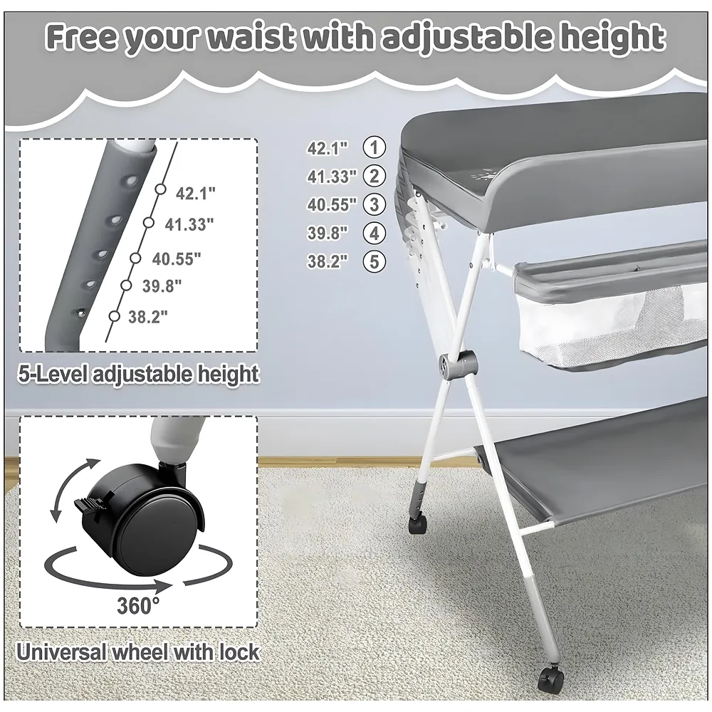 Foldable Baby Diaper Changing Table | 5-Level Height Adjustable 38.2-42.1inches | 360° Lockable Swivel Wheels | Mesh Storage Basket | Side Clothes Airer | Safety Belt | Bottom Shelf.