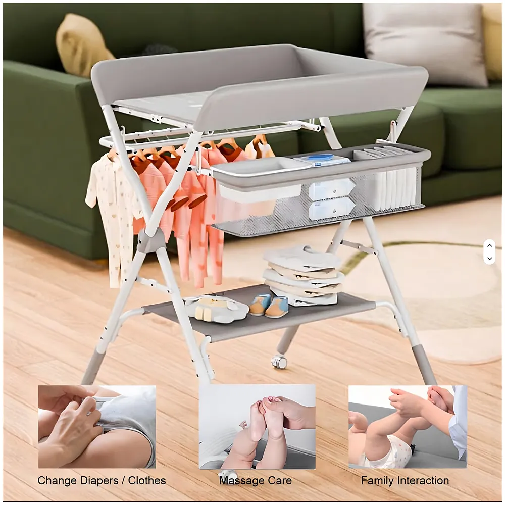 Foldable Baby Diaper Changing Table | 5-Level Height Adjustable 38.2-42.1inches | 360° Lockable Swivel Wheels | Mesh Storage Basket | Side Clothes Airer | Safety Belt | Bottom Shelf.