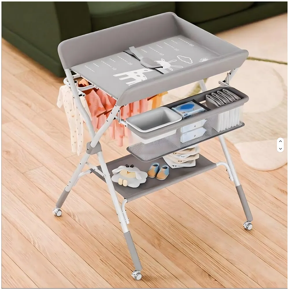 Foldable Baby Diaper Changing Table | 5-Level Height Adjustable 38.2-42.1inches | 360° Lockable Swivel Wheels | Mesh Storage Basket | Side Clothes Airer | Safety Belt | Bottom Shelf.