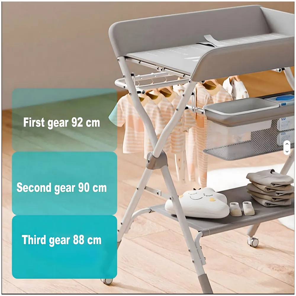 Foldable Baby Diaper Changing Table | 5-Level Height Adjustable 38.2-42.1inches | 360° Lockable Swivel Wheels | Mesh Storage Basket | Side Clothes Airer | Safety Belt | Bottom Shelf.
