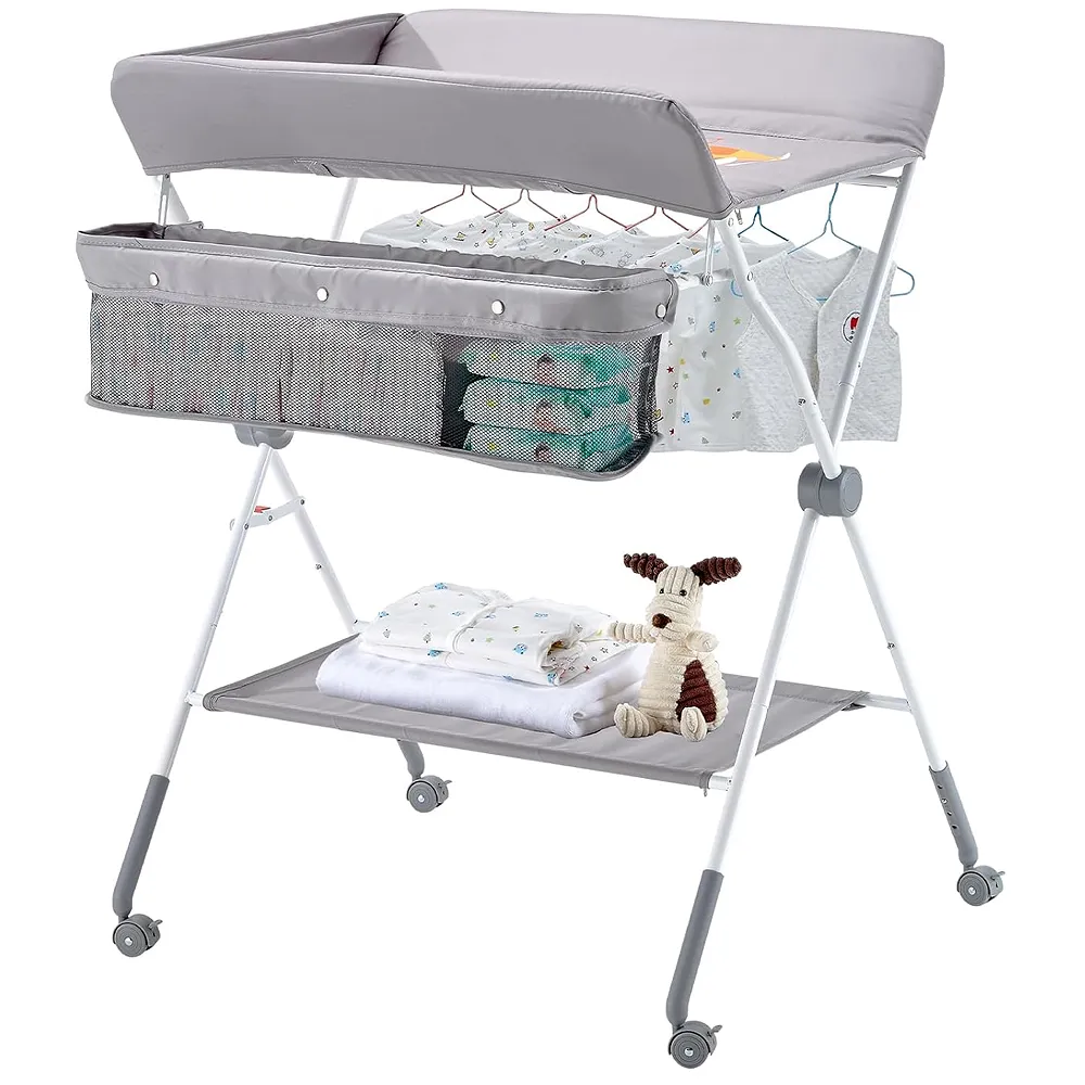 VEVOR Baby Changing Table Foldable with Wheels, 3 Height Adjustable Portable Diaper Changing Station, Storage Basket & Hanging Racks, Space-Saving Nursery Organizer for Newborn & Infant (Grey)