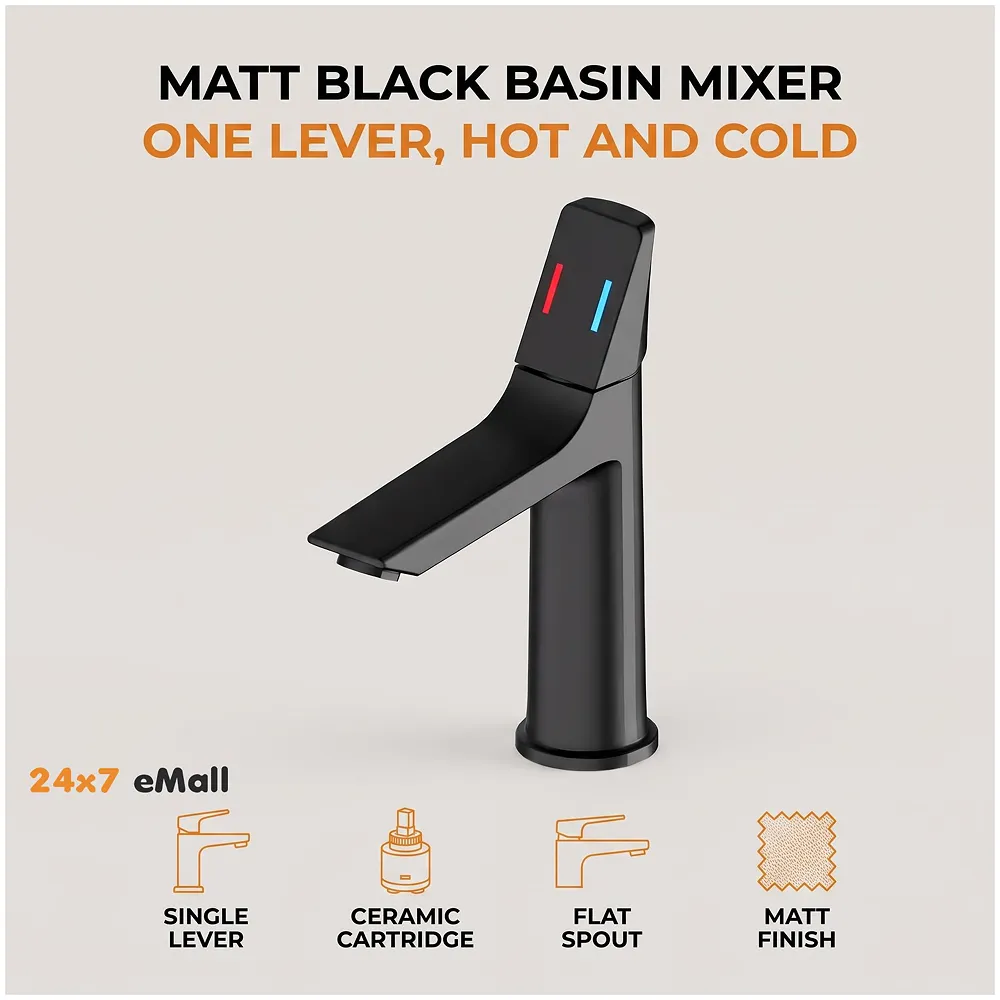 Black Faucet Tap Mixer Hot and Cold Water Heavy Single Lever Basin Mixer with Ceramic Cartridge for Bathroom Wash Basins - 8.2 inch x 5.9 inch Matt Black Premium