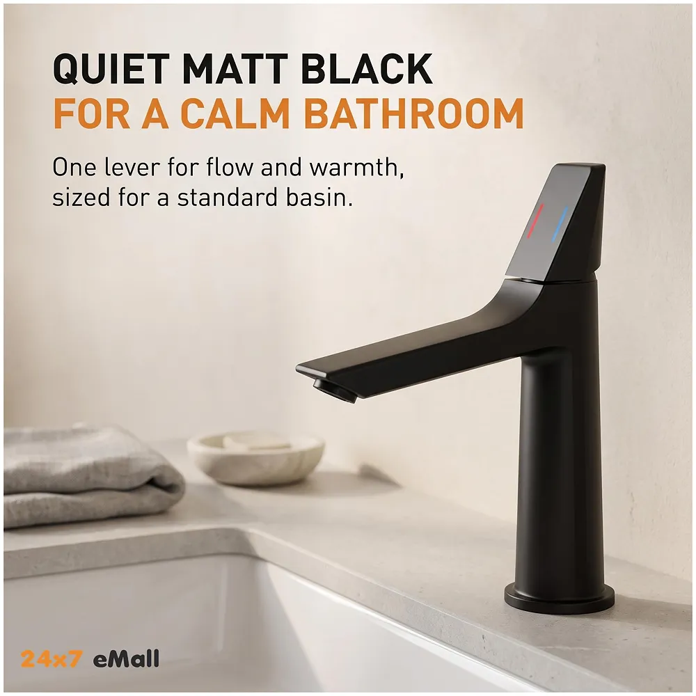 Black Faucet Tap Mixer Hot and Cold Water Heavy Single Lever Basin Mixer with Ceramic Cartridge for Bathroom Wash Basins - 8.2 inch x 5.9 inch Matt Black Premium