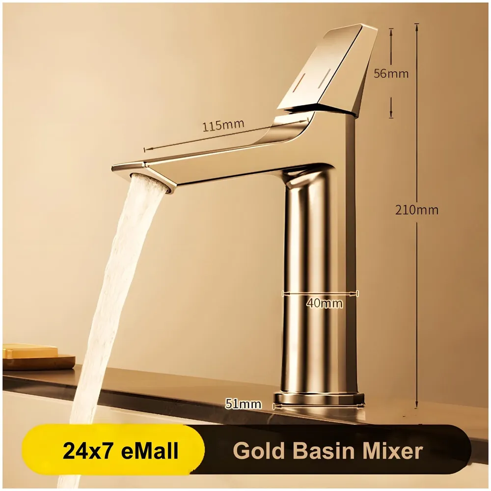 Gold Faucet Tap Mixer Hot and Cold Water Heavy Single Lever Basin Mixer with Ceramic Cartridge for Bathroom Wash Basins - 8.2 inch x 5.9 inch Golden
