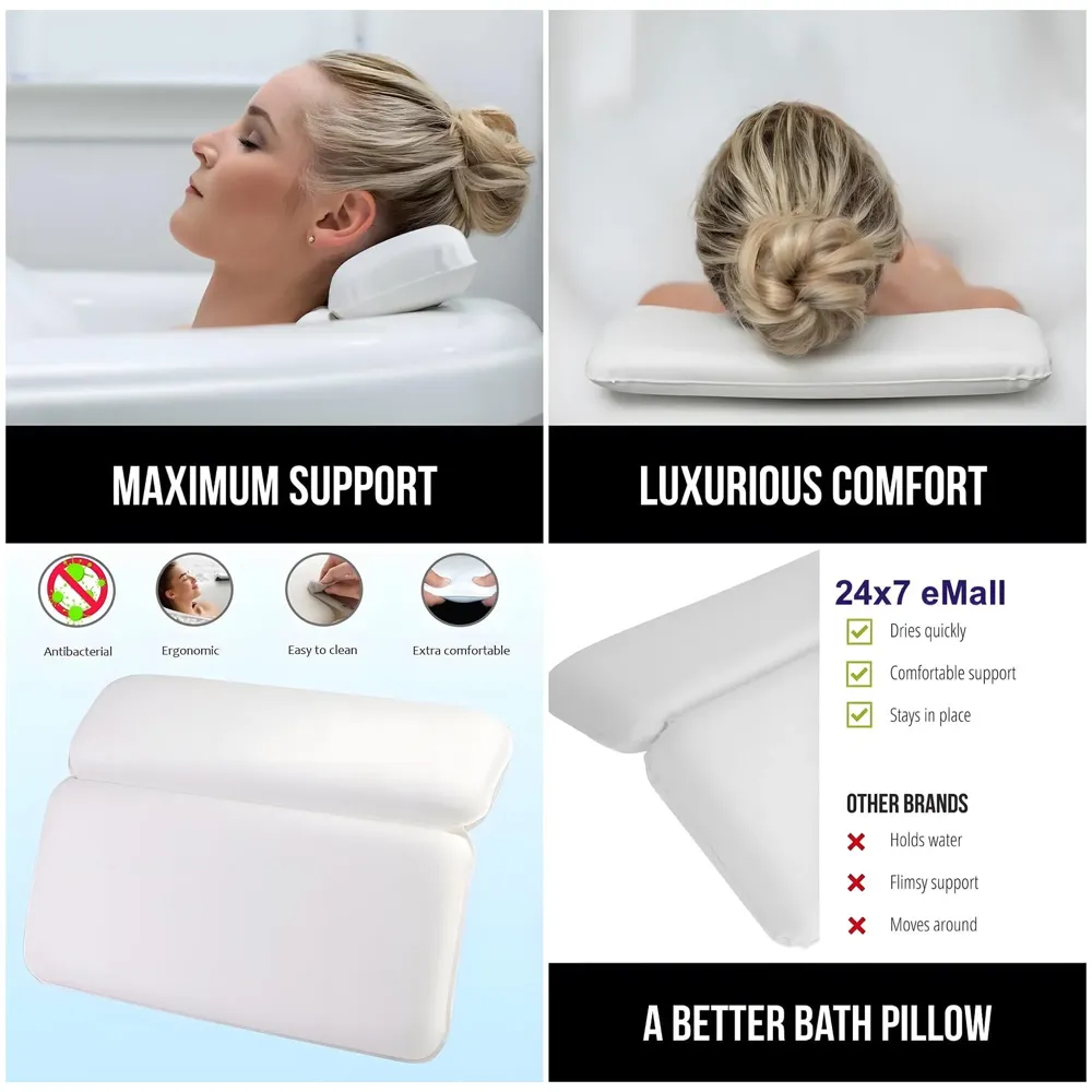 Premium Bath tub Pillow – Luxurious Spa Cushion with Ergonomic Design with Suction Cups for Ultimate Neck and Shoulder Support in Bathtub 14.5 x 11 Inch - White