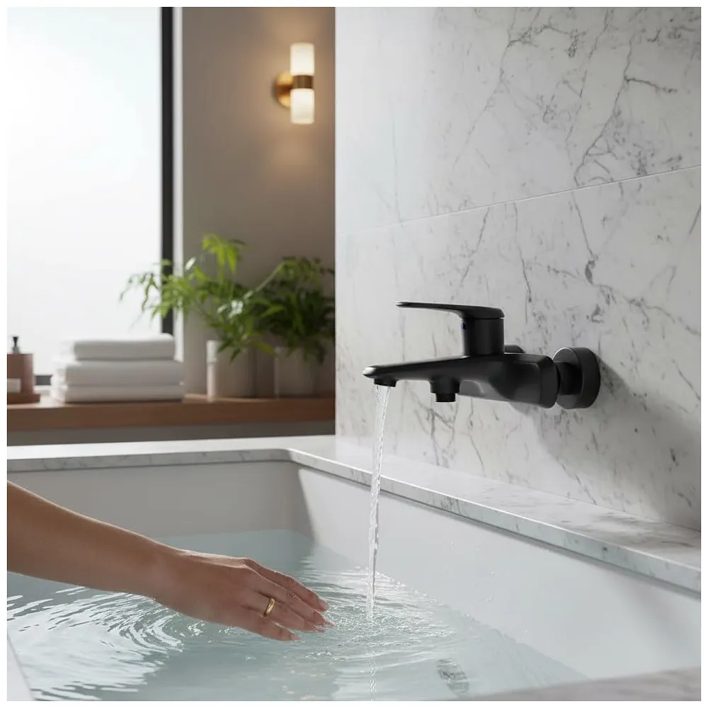 Bath Tap 2-in-1 Wall Mount Bathroom Mixer Tap Faucet, Hot and Cold Water, Black, with Provision for Hand Shower Connection - 17 cm x 17 cm x 9 cm