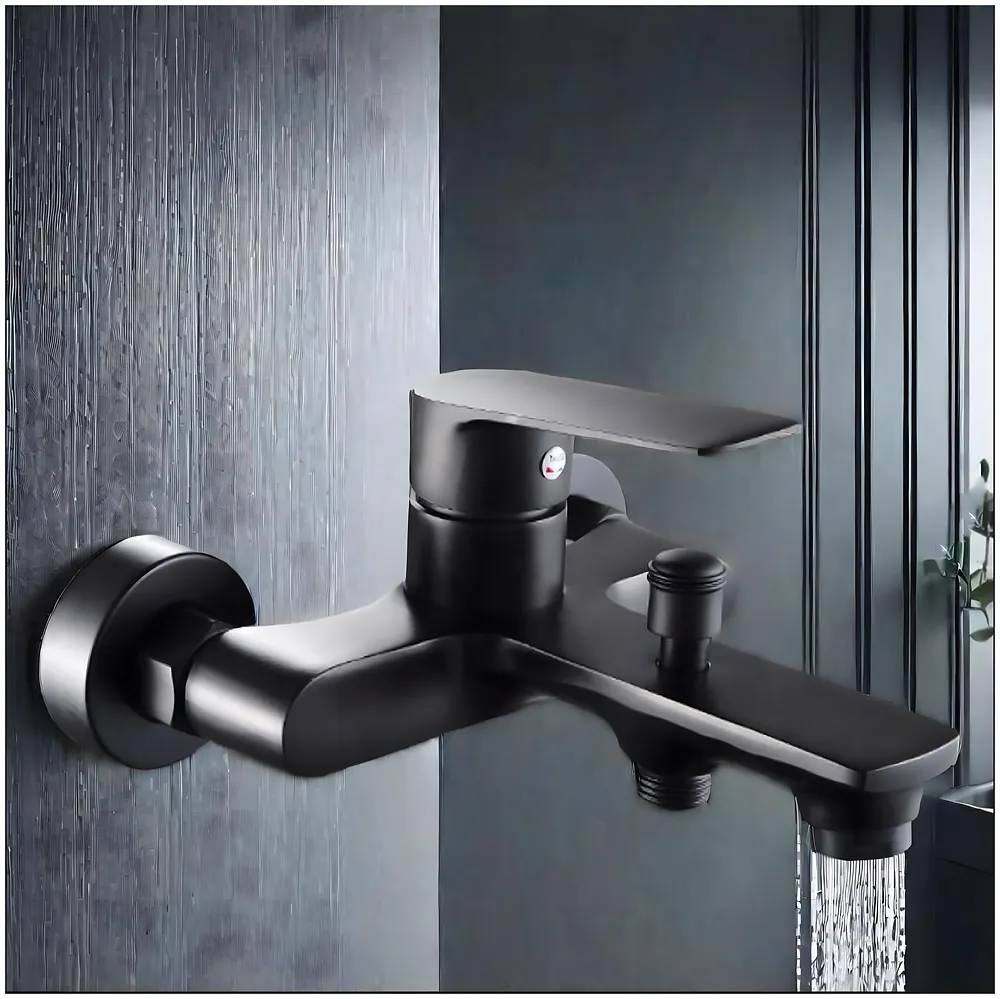 Bath Tap 2-in-1 Wall Mount Bathroom Mixer Tap Faucet, Hot and Cold Water, Black, with Provision for Hand Shower Connection - 17 cm x 17 cm x 9 cm