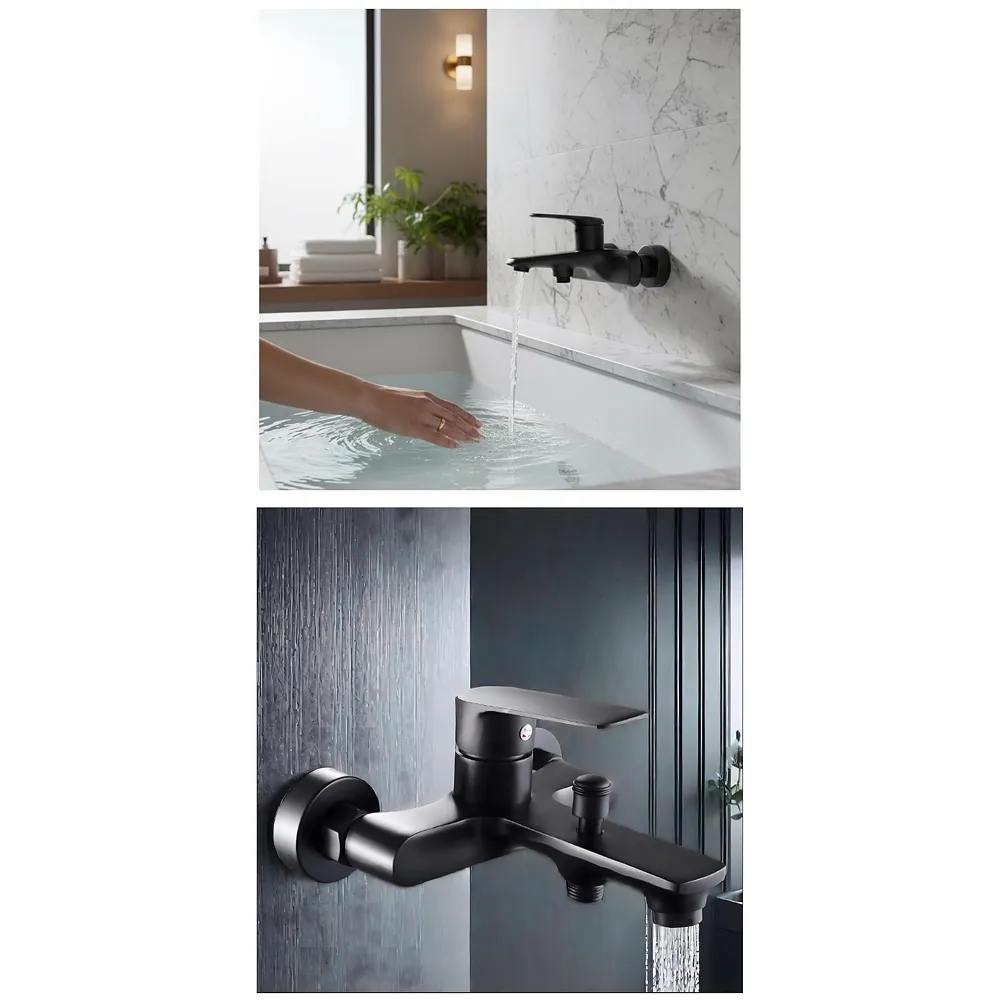 Bath Tap 2-in-1 Wall Mount Bathroom Mixer Tap Faucet, Hot and Cold Water, Black, with Provision for Hand Shower Connection - 17 cm x 17 cm x 9 cm