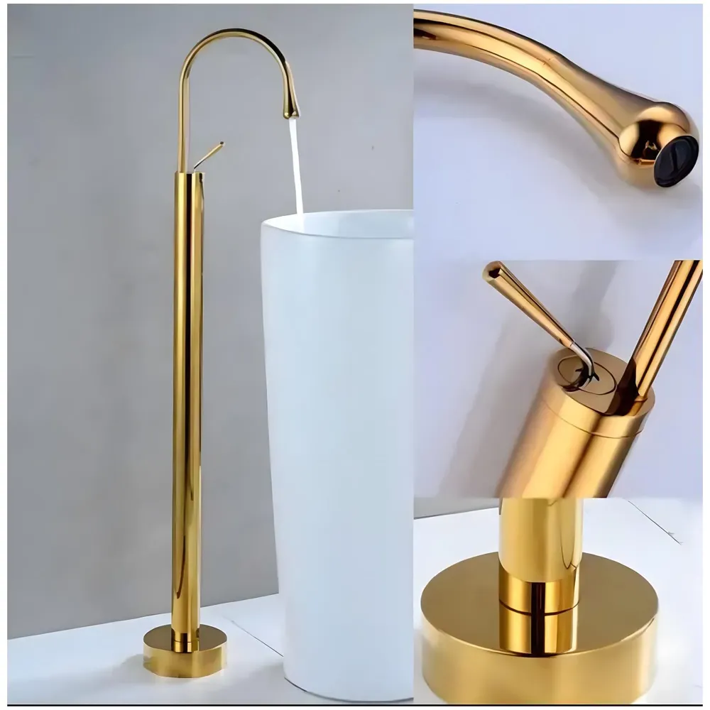 Golden freestanding Bathtub Faucet Mixer hot and Cold Water Drop Design aerated Flow for Bath tubs and wash basins Bathroom Toilet Jacuzzi Gold Finish - 2