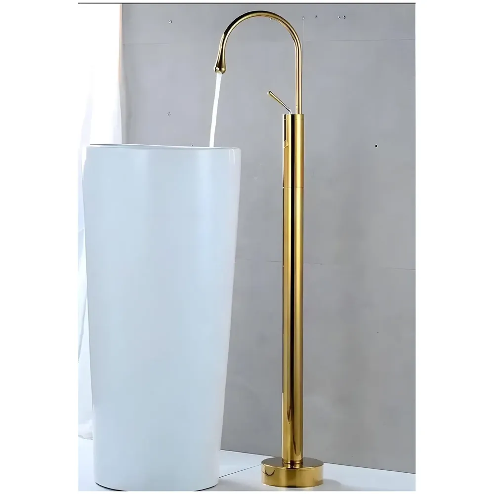Golden freestanding Bathtub Faucet Mixer hot and Cold Water Drop Design aerated Flow for Bath tubs and wash basins Bathroom Toilet Jacuzzi Gold Finish - 5