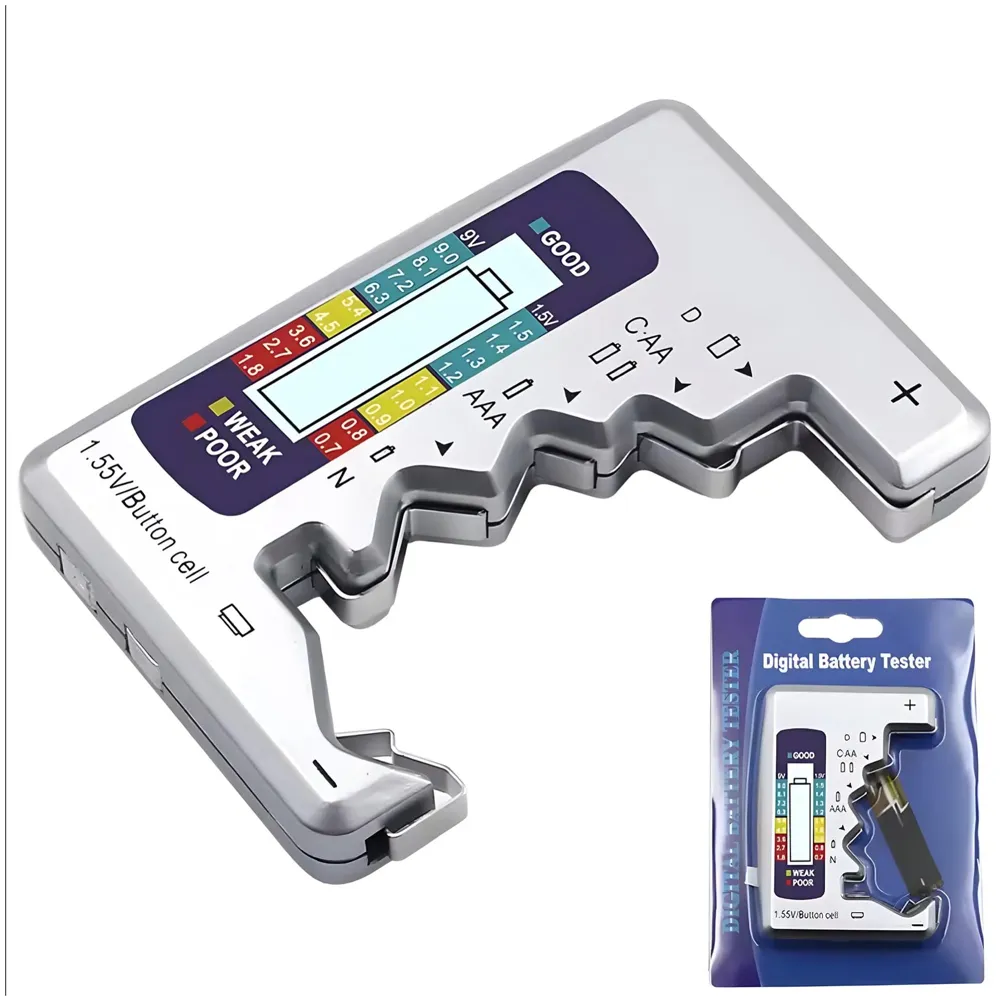 Battery Tester, Digital AA, AAA, 9V, C, D, N, Button Cell, Portable (Silver)