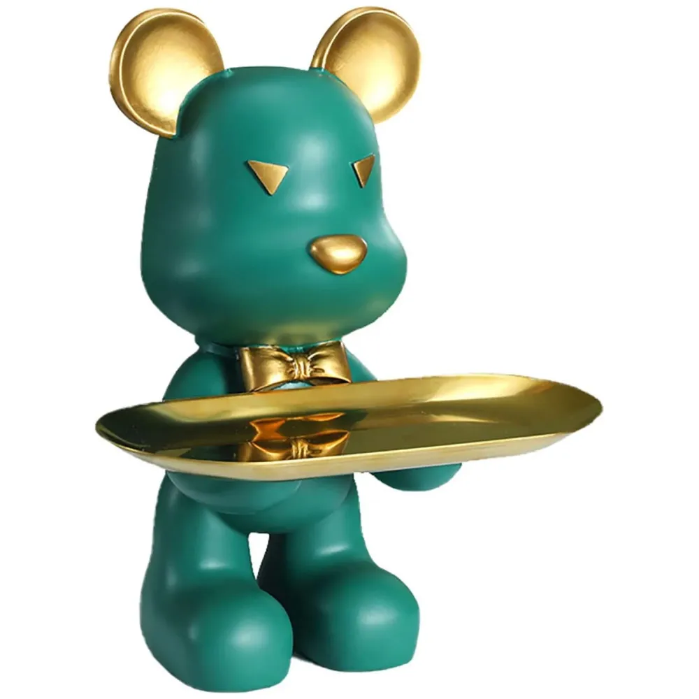 Bear Design Brick with Holder Plate for Keys, Cosmetics Home and Bathroom Décor 9 in Height Idol Show Piece Resin Figure with Stainless Steel Plate Green